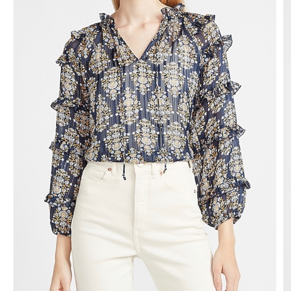Metallic Floral Balloon Sleeve Top